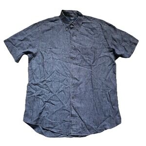 Vtg Brooks Brothers 100% Linen Short Sleeve Button Down Shirt Large Indigo Blue